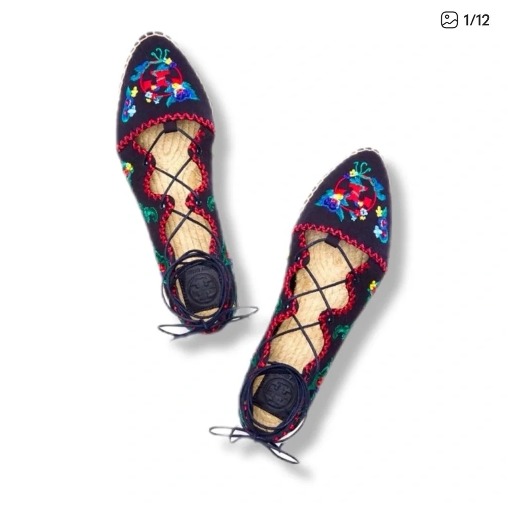 Tory Burch Black Embroidered Lace-Up Espadrilles with Multicolor Floral Accents